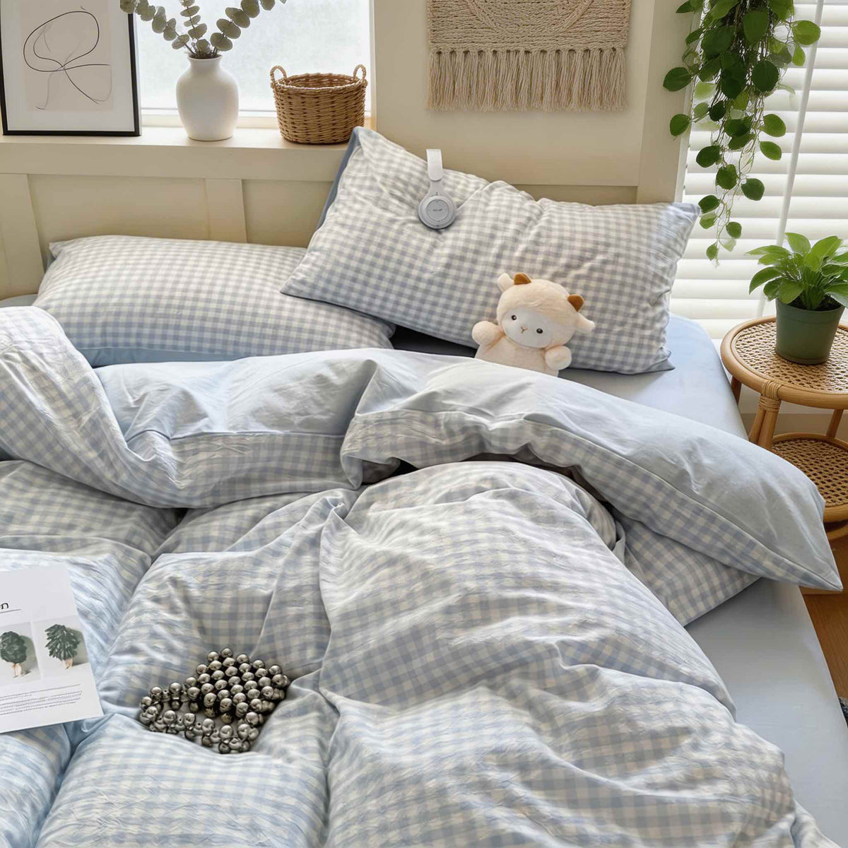 Pastel Plaid Bedding Set Double-Sided Lightweight Polyester Cotton Blend for Year-Round Comfort 0