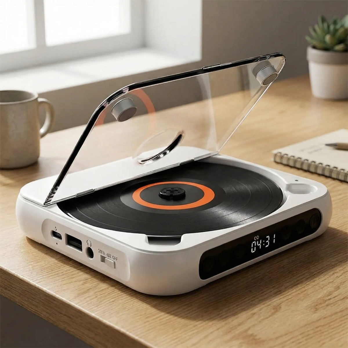 Portable Bluetooth CD Player – Compact & Rechargeable – Compatible with CD, CD-R, CD-RW & MP3 – Includes USB-C – Wireless & 3.5mm Audio | Sansoti 1