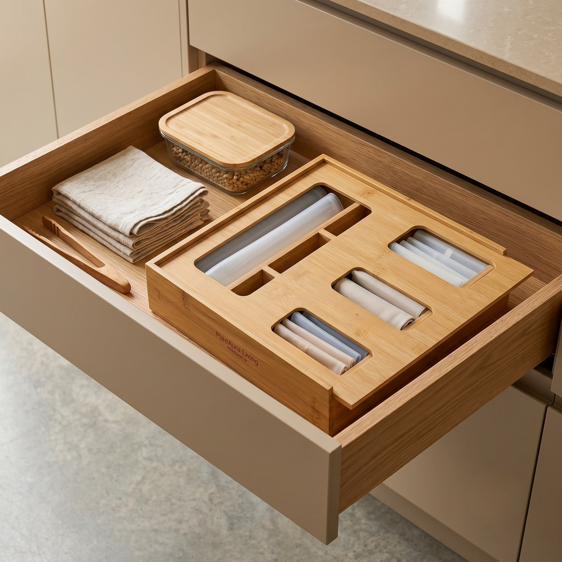PureAura Bamboo Food Storage Bag Organiser 1