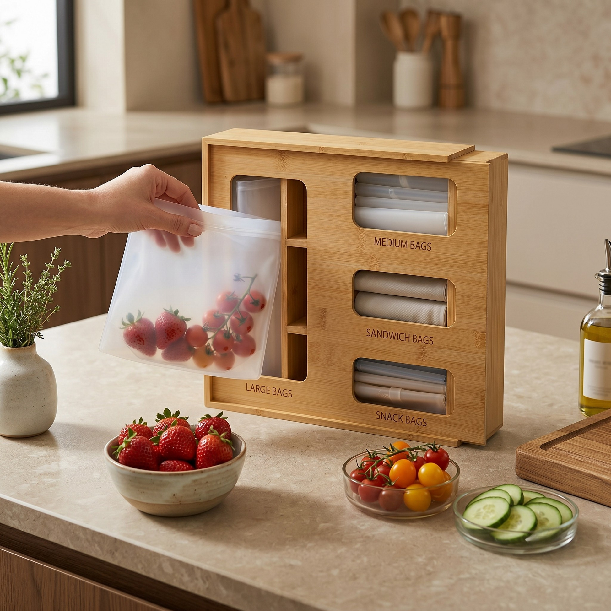 PureAura Bamboo Food Storage Bag Organiser 2