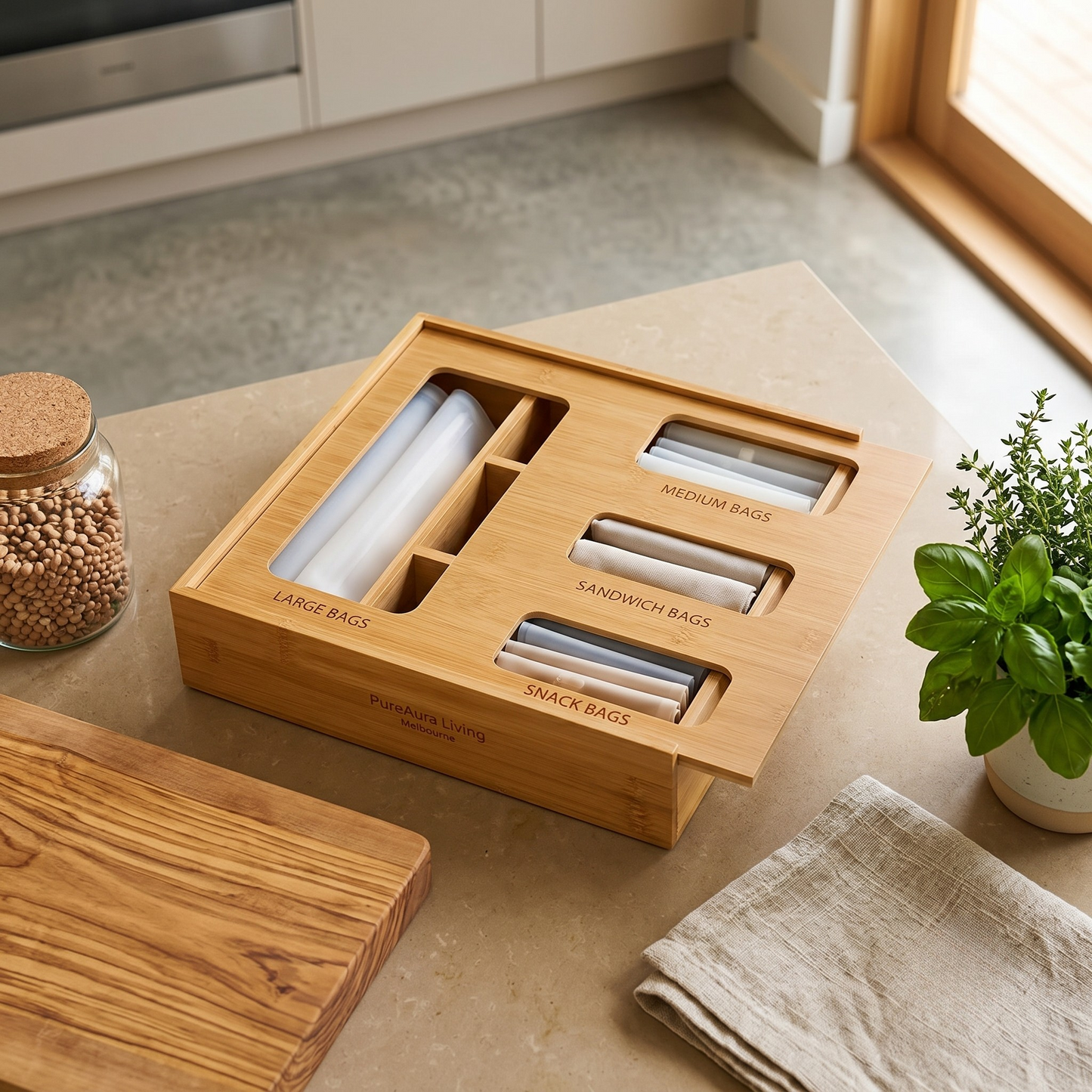 PureAura Bamboo Food Storage Bag Organiser 3