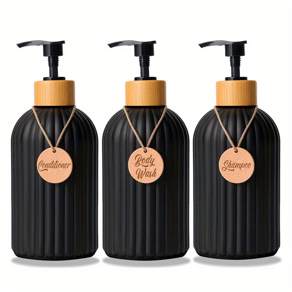 Refillable Shampoo Bottle Set with Pump Dispensers – 3-Piece Black and White Bathroom Organizer 0