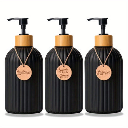 Refillable Shampoo Bottle Set with Pump Dispensers – 3-Piece Black and White Bathroom Organizer 0