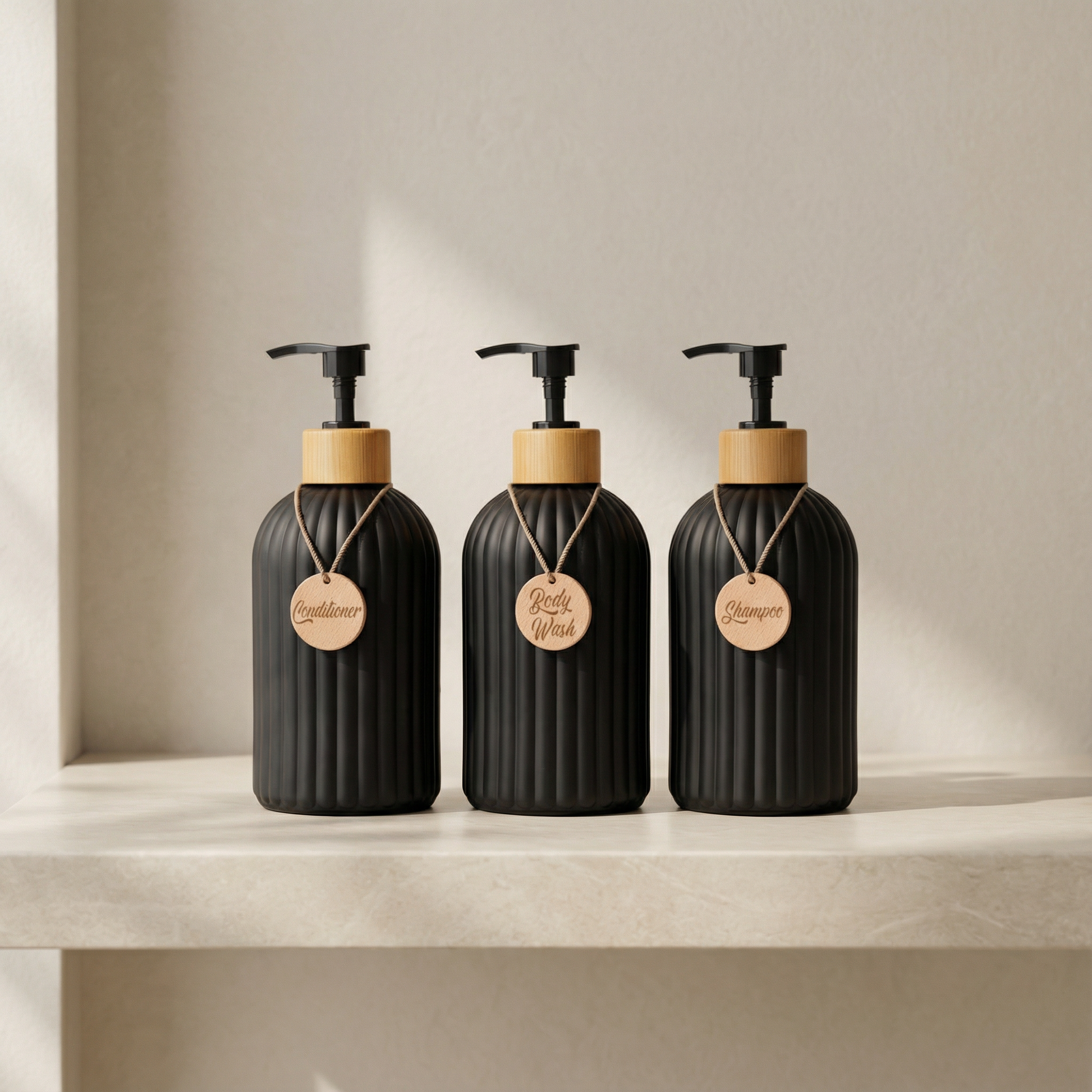 Refillable Shampoo Bottle Set with Pump Dispensers – 3-Piece Black and White Bathroom Organizer 1