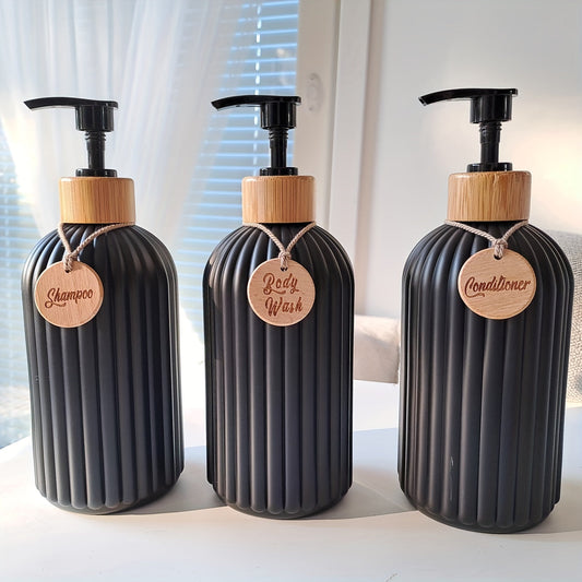 Refillable Shampoo Bottle Set with Pump Dispensers – 3-Piece Black and White Bathroom Organizer 2