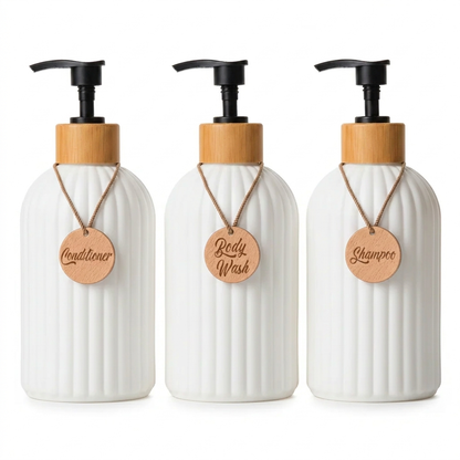 Refillable Shampoo Bottle Set with Pump Dispensers – 3-Piece Black and White Bathroom Organizer 6