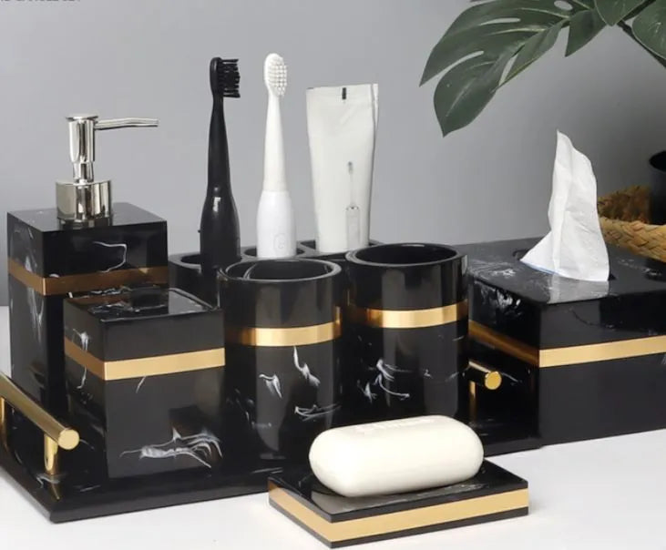 Royora Black Marble Look Resin Vanity Tray with Gold Handles