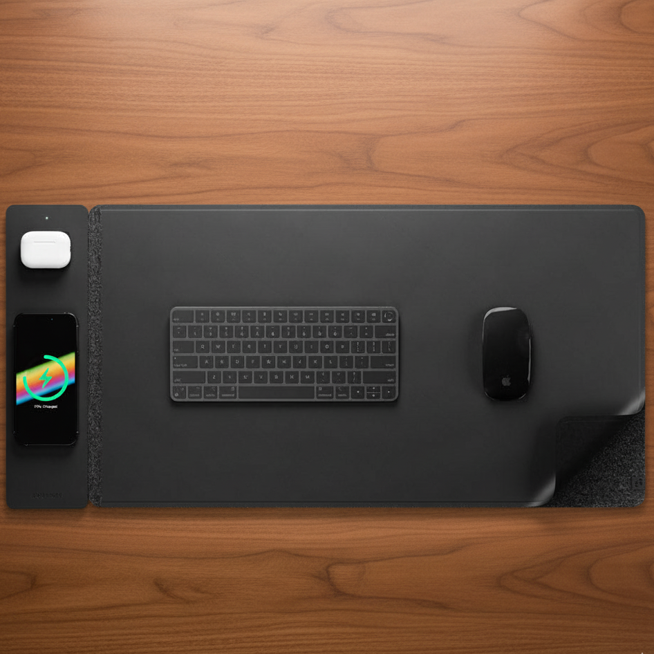 RoyaleGlow Reversible Leather Desk Mat with Wireless Charging Pad and Felt 0