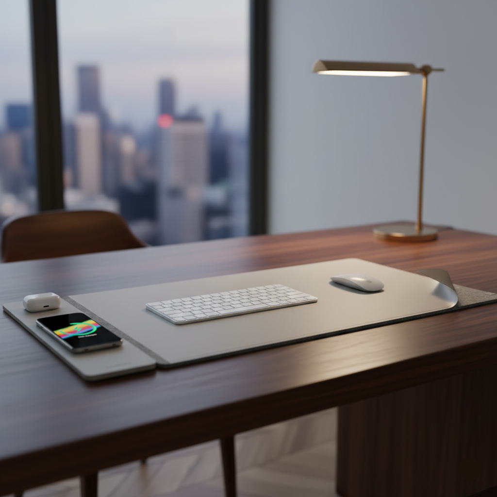 RoyaleGlow Reversible Leather Desk Mat with Wireless Charging Pad and Felt 2