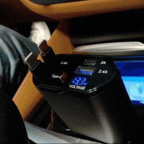 Royaleva 120W Fast Charging Car Charger with Retractable Dual Cables and Voltage Display 1