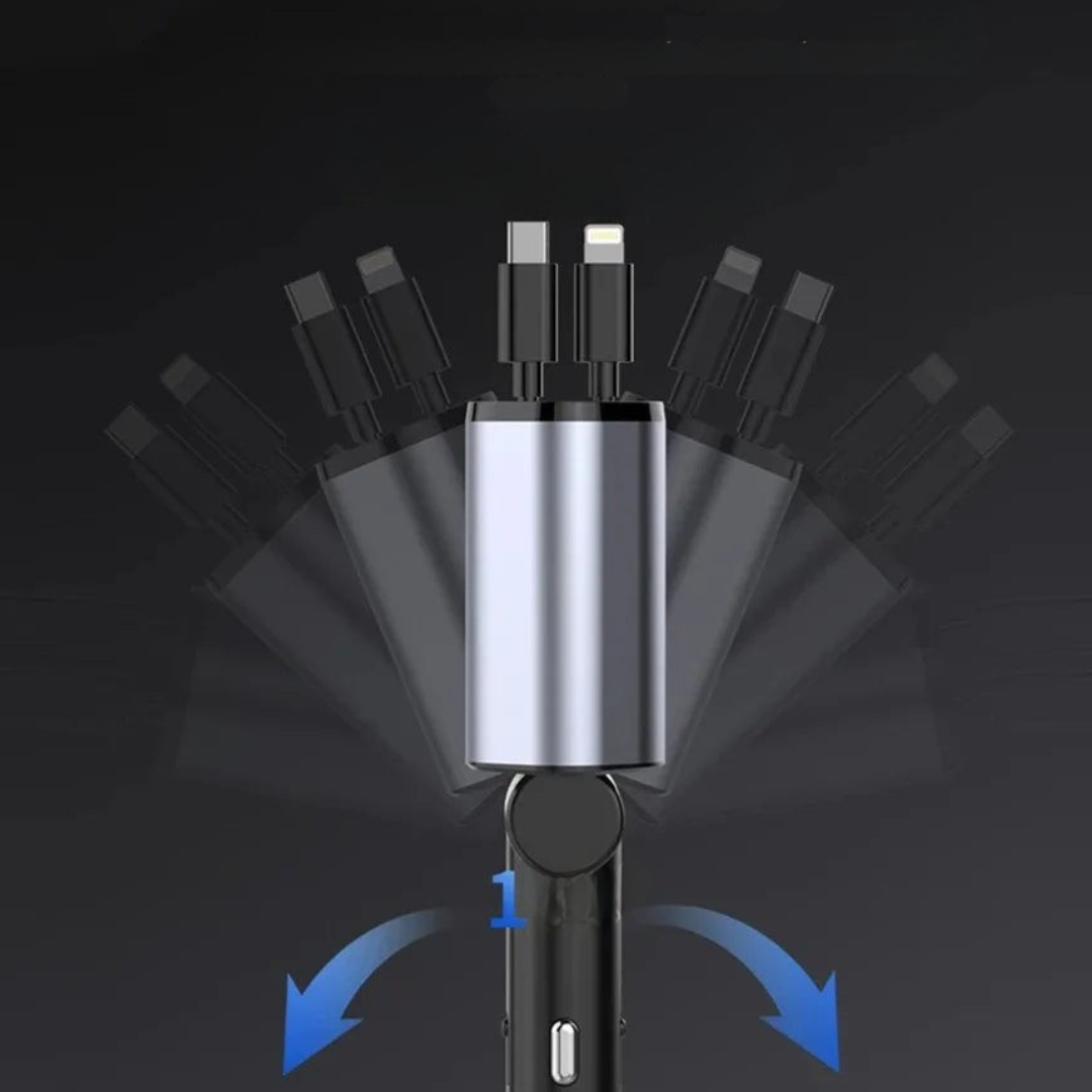 Royaleva 120W Fast Charging Car Charger with Retractable Dual Cables and Voltage Display 5