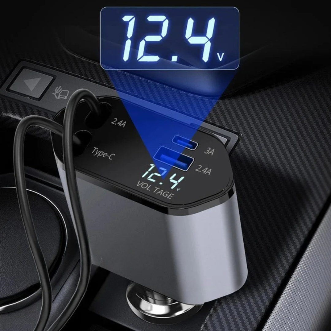 Royaleva 120W Fast Charging Car Charger with Retractable Dual Cables and Voltage Display 6