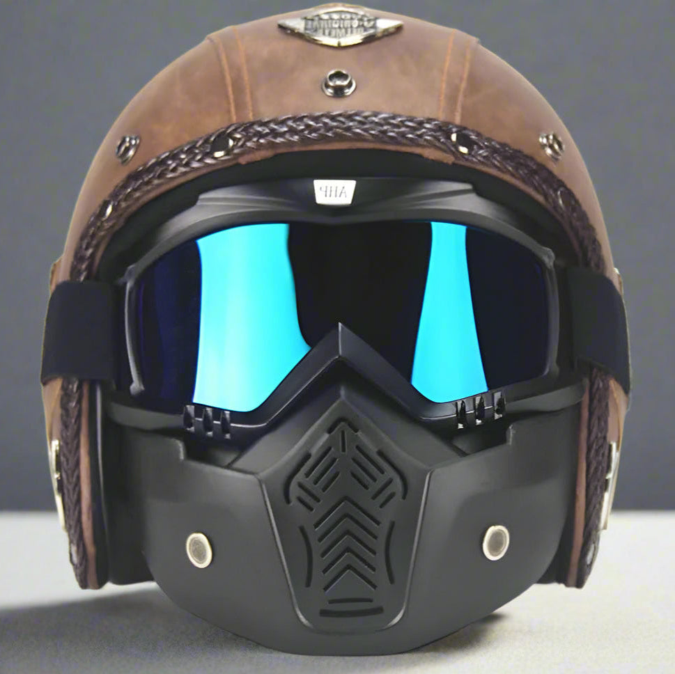 Royaleva Retro Vintage Motorcycle Helmet Open Face With Goggle Mask 0