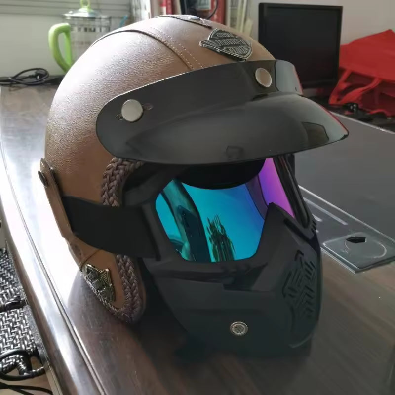 Royaleva Retro Vintage Motorcycle Helmet Open Face With Goggle Mask 2
