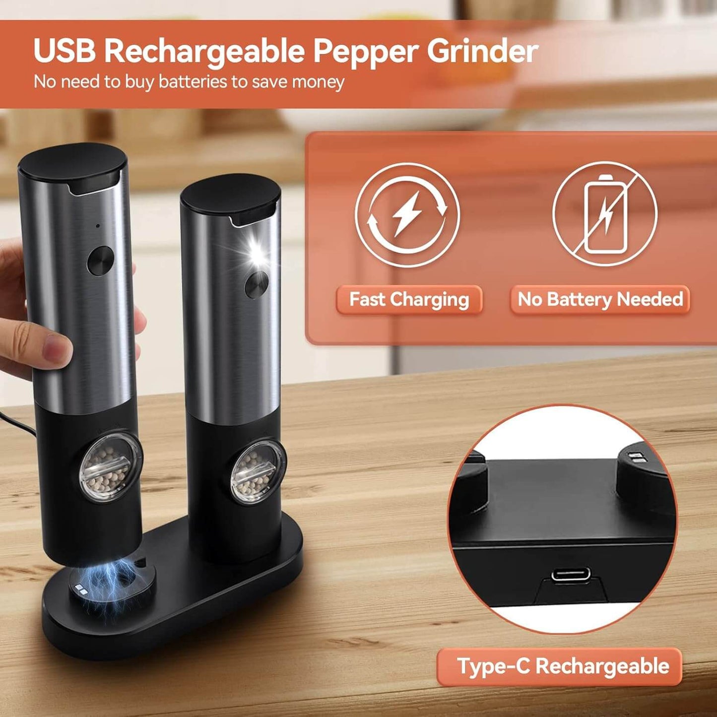 Royallure Electric Rechargeable Salt & Pepper Mill Set – Adjustable Grind, USB Charging 4