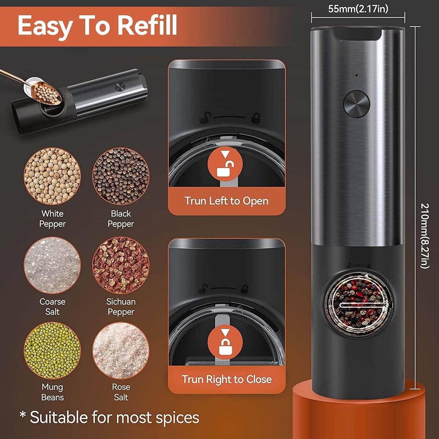 Royallure Electric Rechargeable Salt & Pepper Mill Set – Adjustable Grind, USB Charging 5