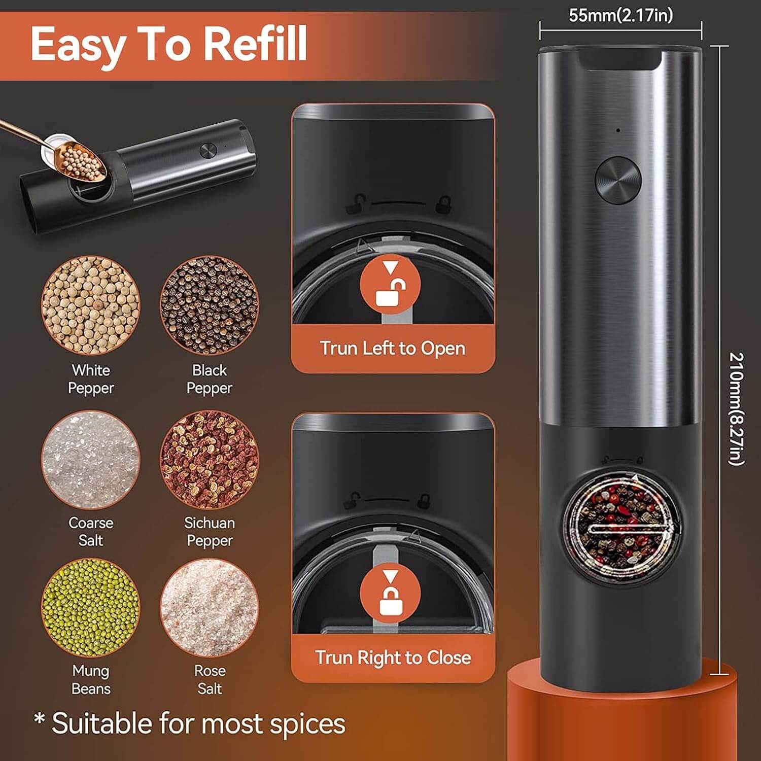 Royallure Electric Rechargeable Salt & Pepper Mill Set – Adjustable Grind, USB Charging 5