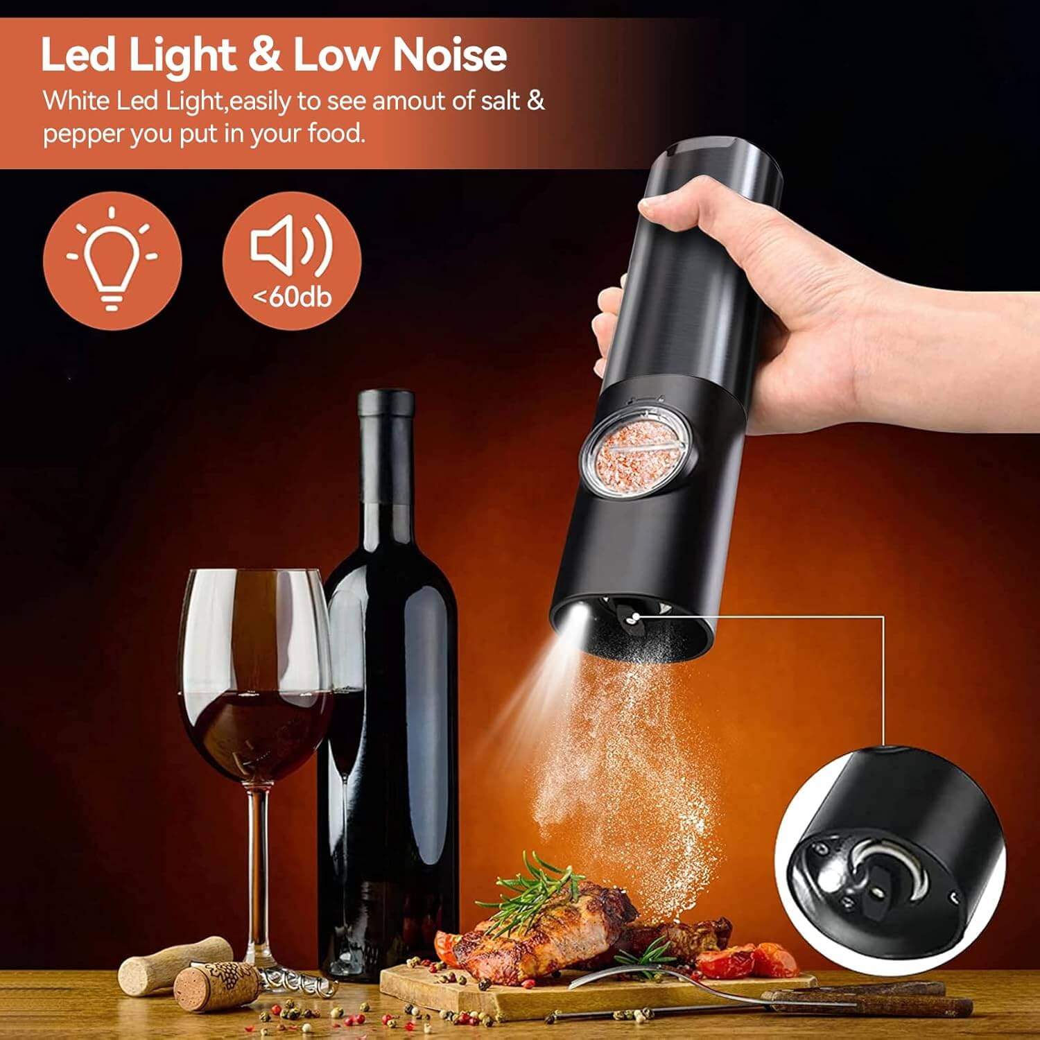 Royallure Electric Rechargeable Salt & Pepper Mill Set – Adjustable Grind, USB Charging 6