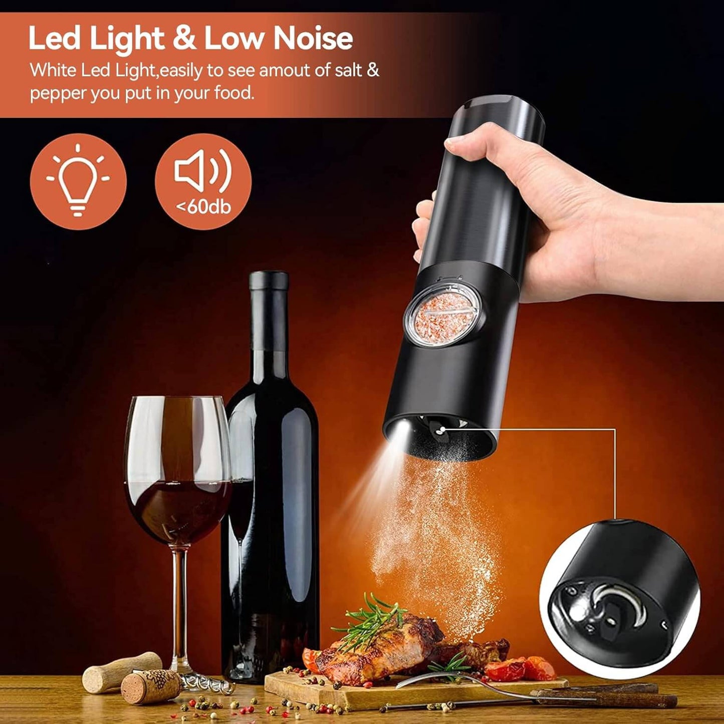Royallure Electric Salt and Pepper Grinder Set with Adjustable Grind and LED Light 6