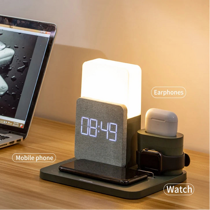 Sovere 4-in-1 Fast Wireless Charger with Adjustable Lamp and Alarm Clock