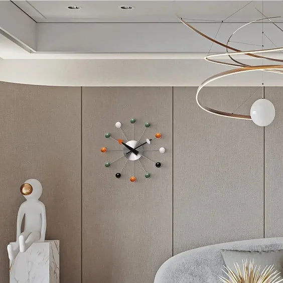 Novara Mid-Century Modern Silent Wall Clock - Colorful Orb Starburst Design, Non-Ticking 13-inch Metal Decor