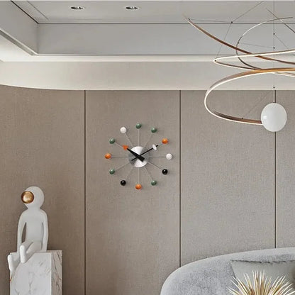 Novara Mid-Century Modern Silent Wall Clock - Colorful Orb Starburst Design, Non-Ticking 13-inch Metal Decor