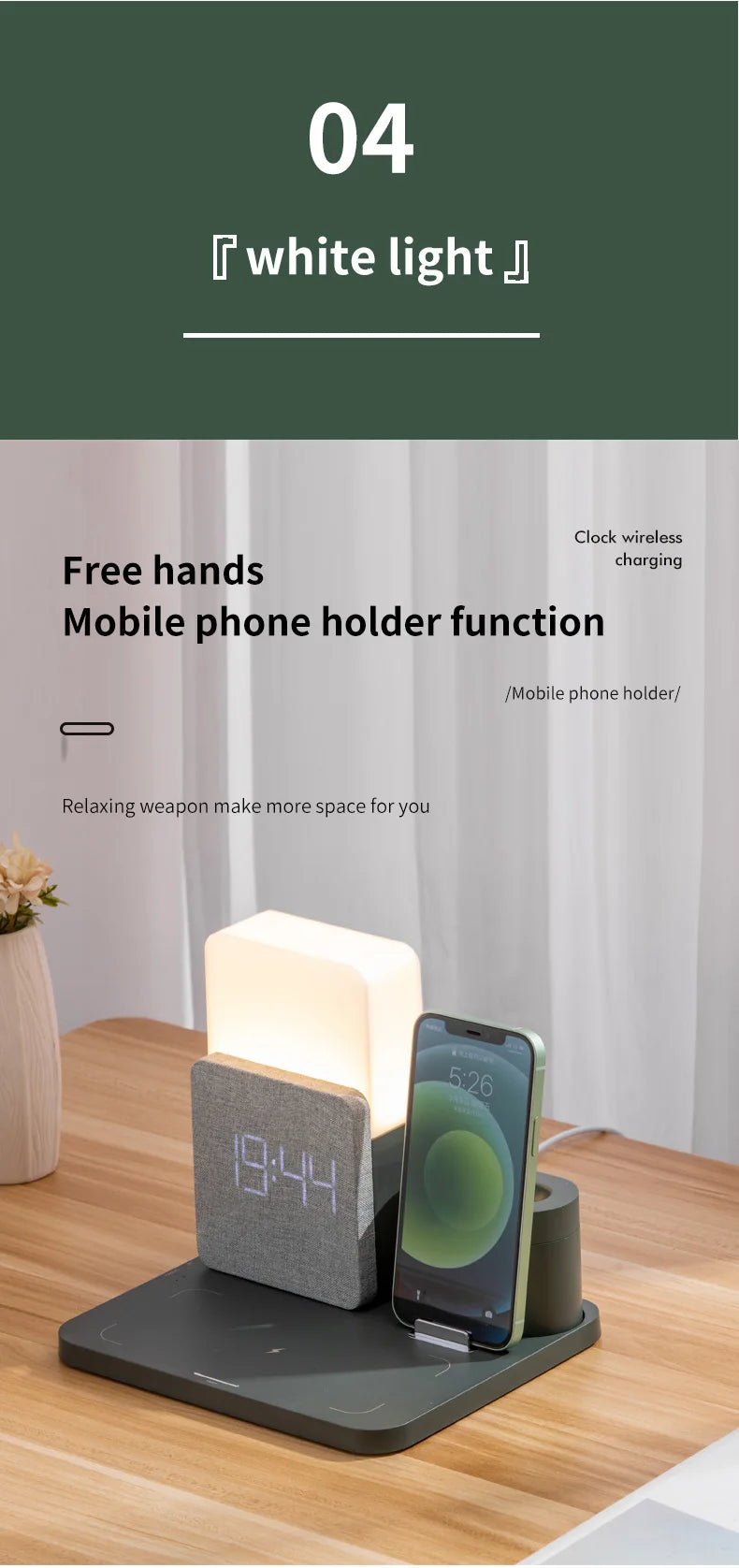 Sovere 4-in-1 Fast Wireless Charger with Adjustable Lamp and Alarm Clock