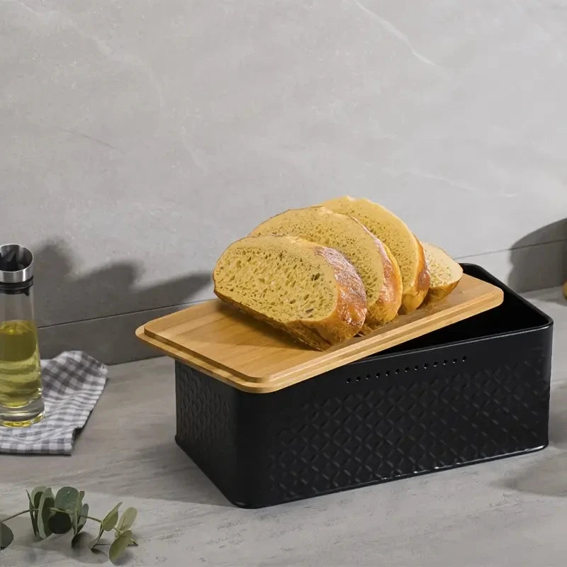 Sovere Metal Bread Box with Bamboo Lid for Fresh Bread Storage and Kitchen Organization