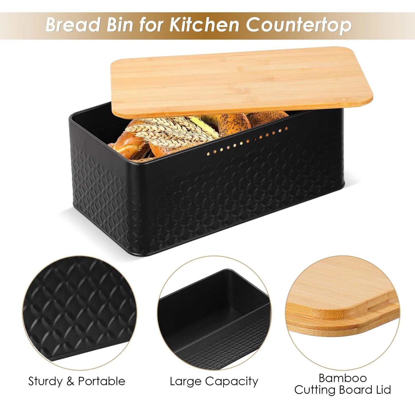 Sovere Metal Bread Box with Bamboo Lid for Fresh Bread Storage and Kitchen Organization