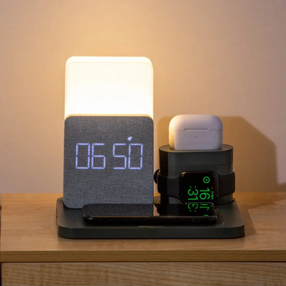 Sovere 4-in-1 Fast Wireless Charger with Adjustable Lamp and Alarm Clock