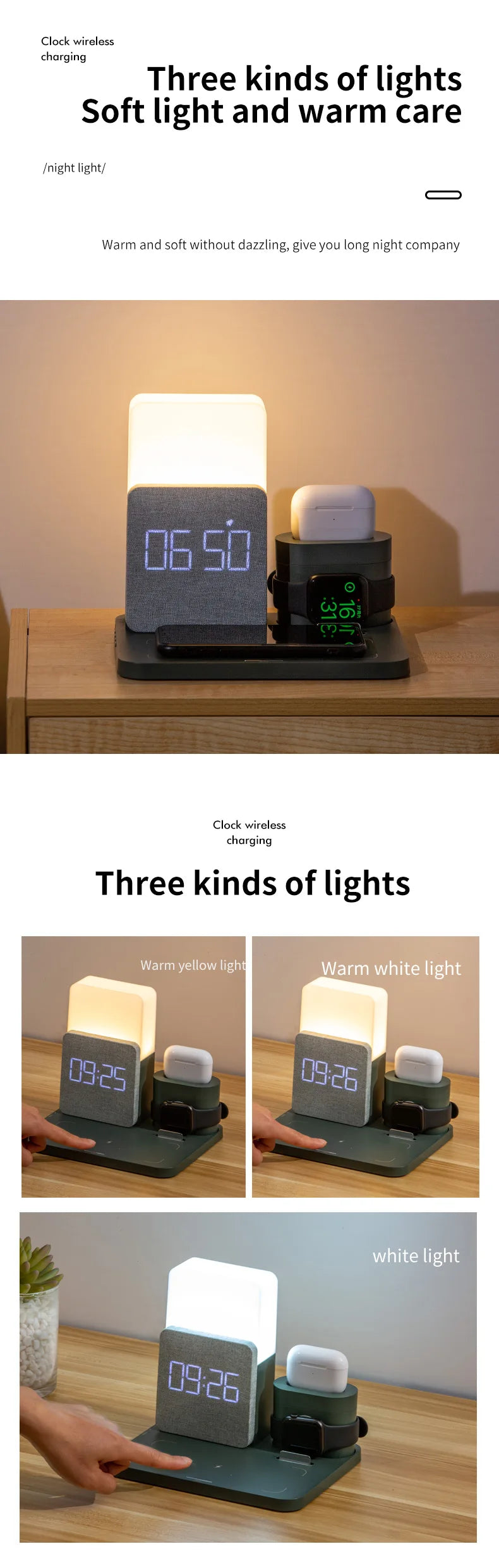 Sovere 4-in-1 Fast Wireless Charger with Adjustable Lamp and Alarm Clock