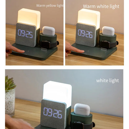 Sovere 4-in-1 Fast Wireless Charger with Adjustable Lamp and Alarm Clock