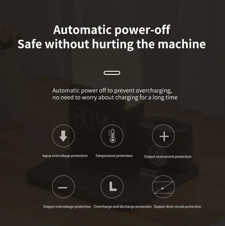Sovere 4-in-1 Fast Wireless Charger with Adjustable Lamp and Alarm Clock