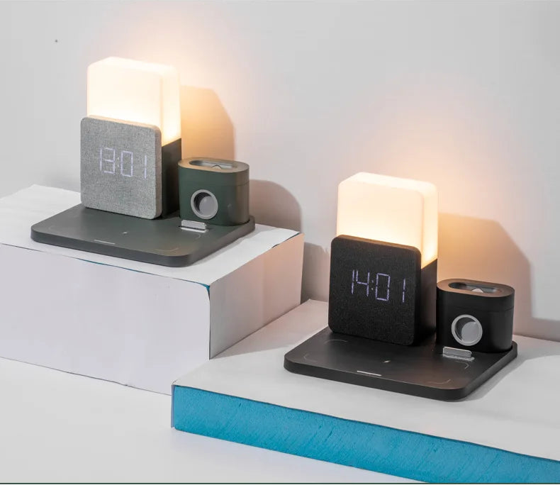 Sovere 4-in-1 Fast Wireless Charger with Adjustable Lamp and Alarm Clock
