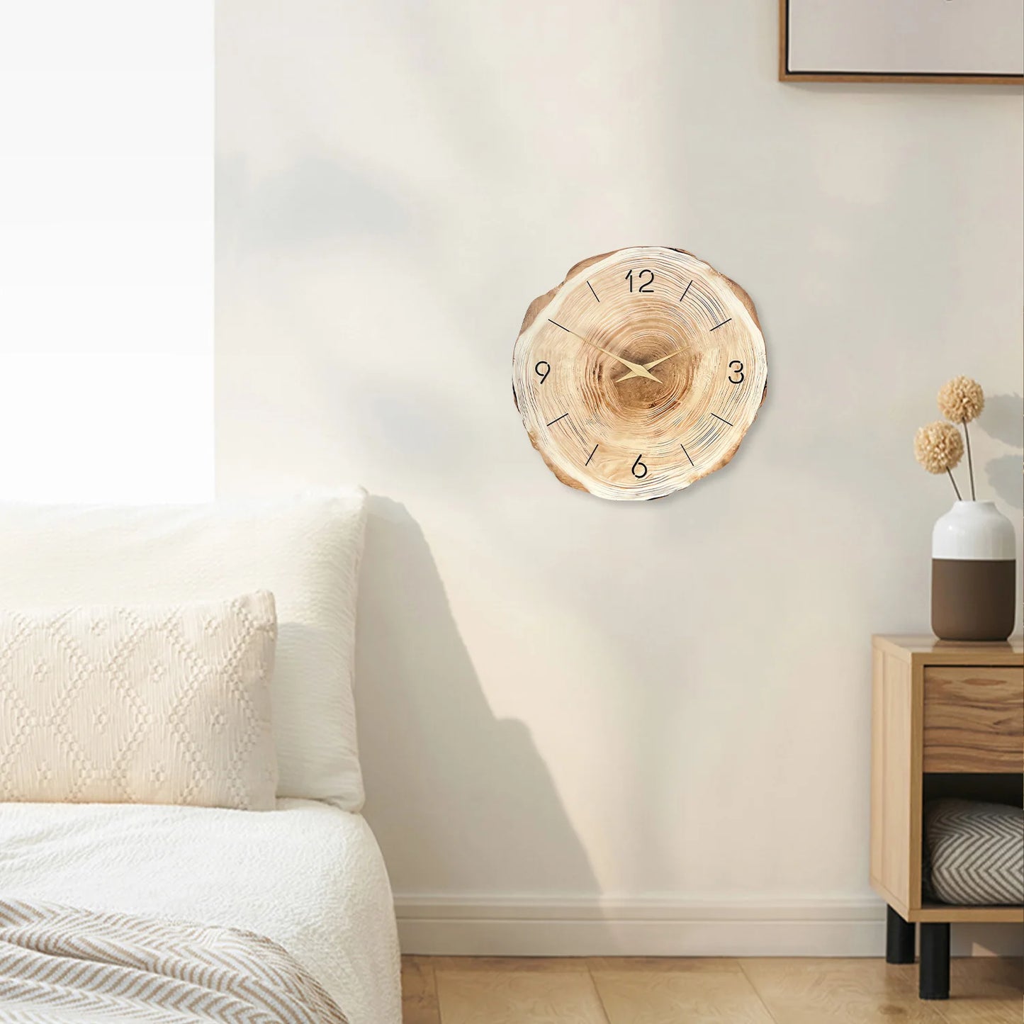 Royora Minimalist MDF Wood Wall Clock with Engraved Numbers, Tree Trunk Design