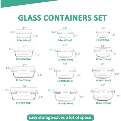 Sovere Airtight Glass Food Storage Containers Set - 24-Piece Meal Prep Tupperware