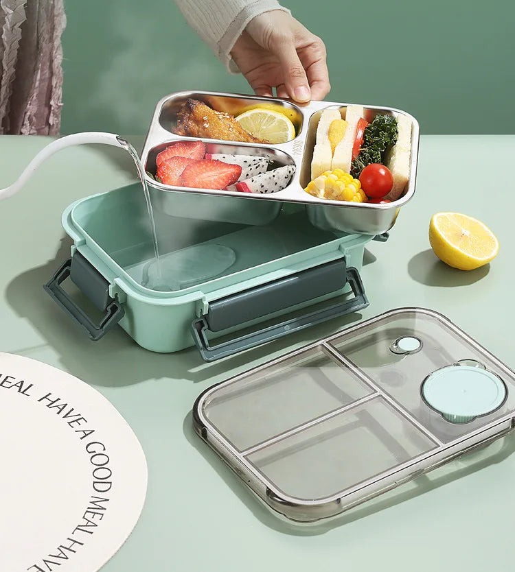 Insulated Stainless Steel Lunch Box with Divided Compartments and Leak-Resistant Lid