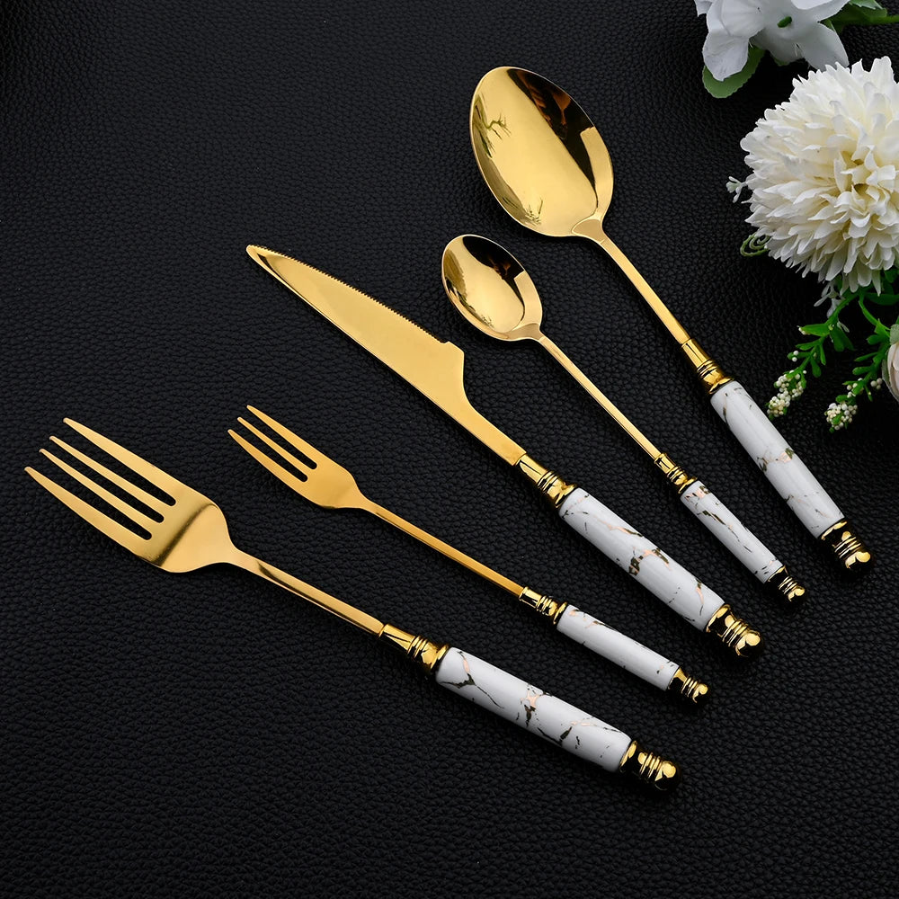 Novara Gold Accent Marbled Handle Stainless Steel Elegant Flatware Set