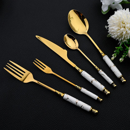 Novara Gold Accent Marbled Handle Stainless Steel Elegant Flatware Set