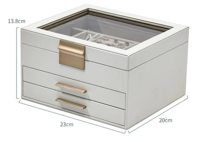 Novara White 3-Tier Jewelry Box Organizer with Glass Top, 19 Compartments & Velvet Lining