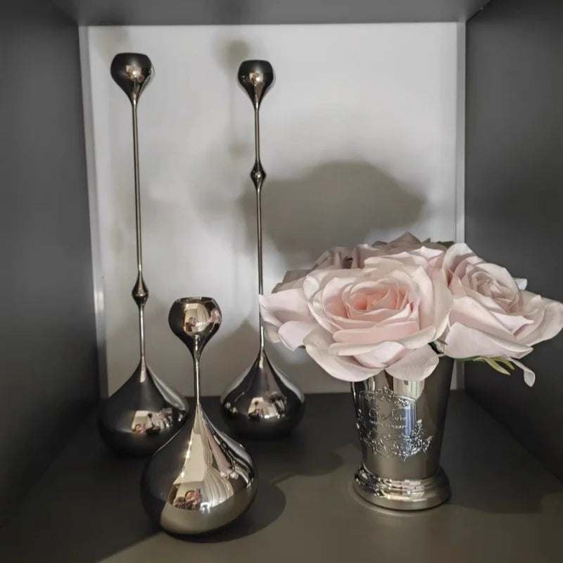 Royeva Modern Silver Candlestick Holder-Elegant Metal Taper Candle Stand Decor