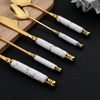 Novara Gold Accent Marbled Handle Stainless Steel Elegant Flatware Set