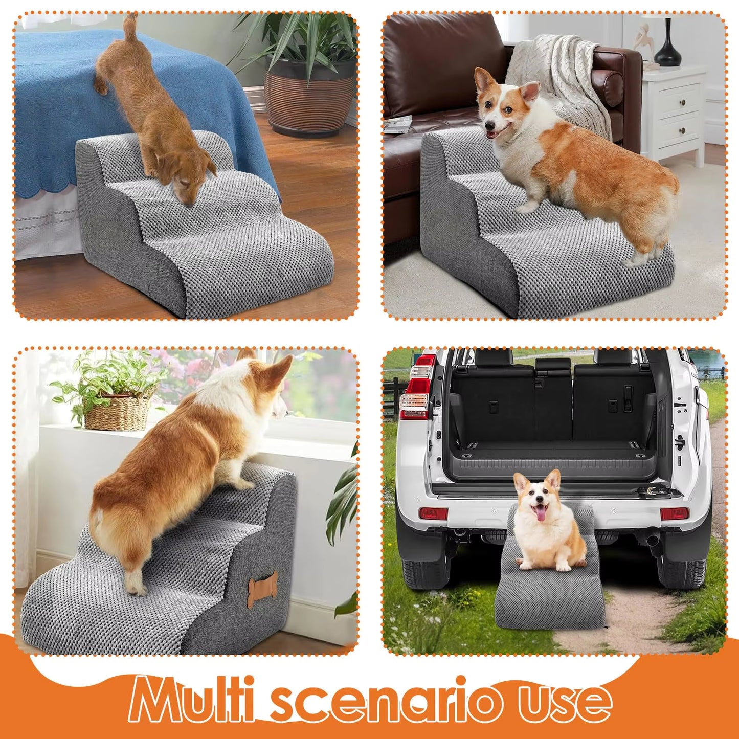 Royora 3 Step Dog Stairs for Beds and Sofas - Gray Pet Ladder for Small Dogs & Pets