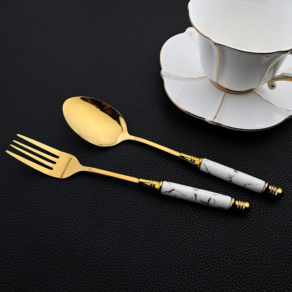Novara Gold Accent Marbled Handle Stainless Steel Elegant Flatware Set