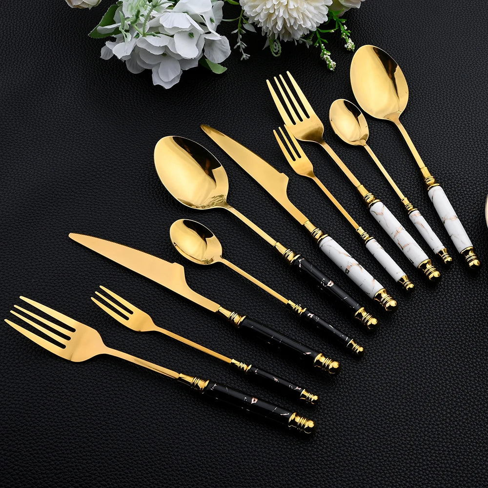 Novara Gold Accent Marbled Handle Stainless Steel Elegant Flatware Set