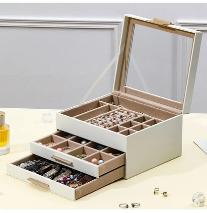 Novara White 3-Tier Jewelry Box Organizer with Glass Top, 19 Compartments & Velvet Lining