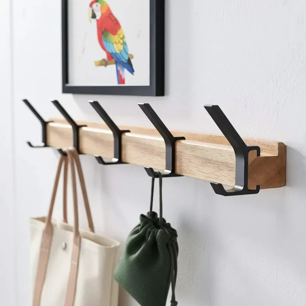 Scandinavian Wood Wall Coat Rack with Adjustable Double Hooks Entryway Organizer 0