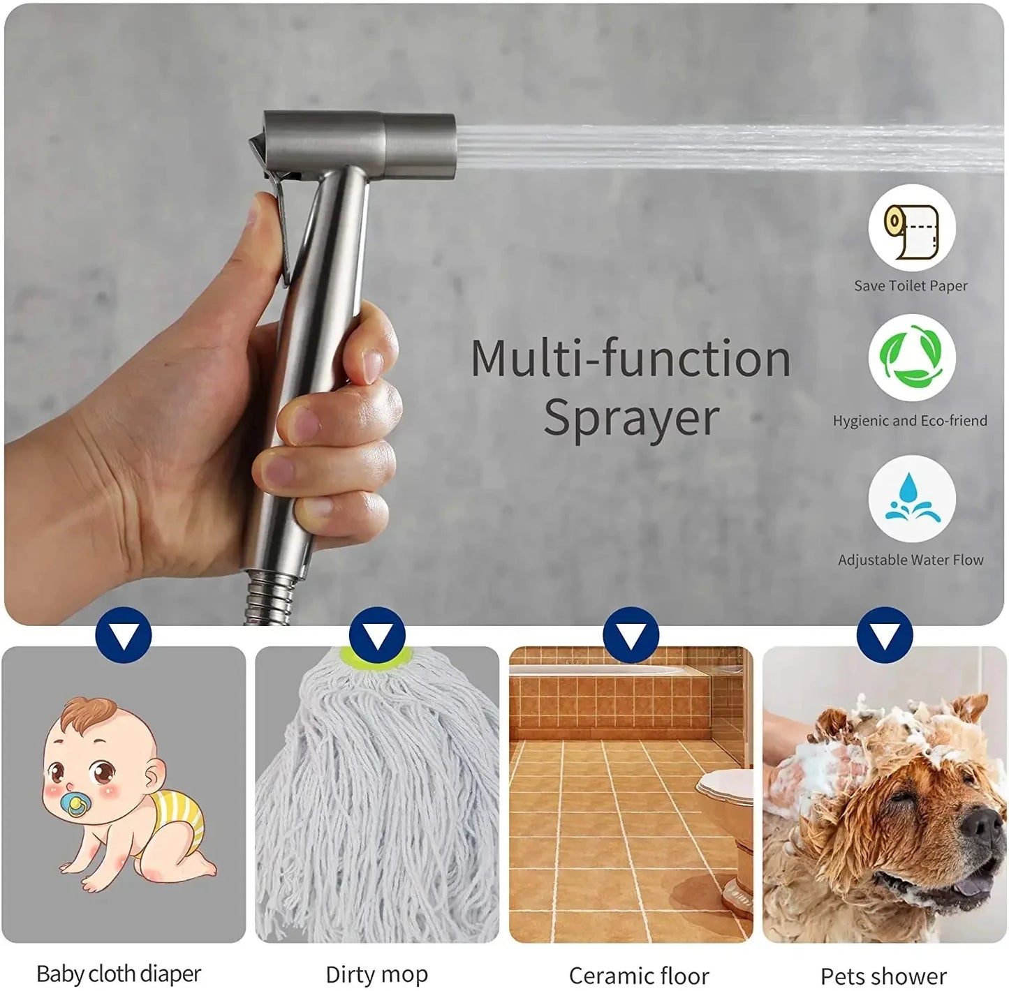 Novara Stainless Steel Handheld Bidet Sprayer Kit with Adjustable Pressure & Self-Cleaning Nozzle
