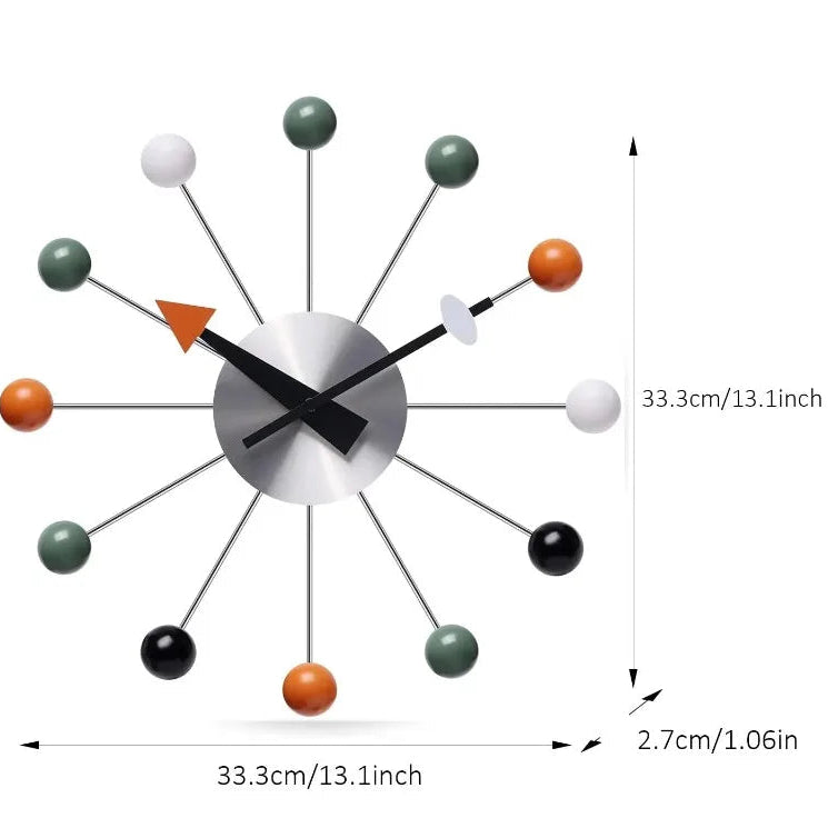 Novara Mid-Century Modern Silent Wall Clock - Colorful Orb Starburst Design, Non-Ticking 13-inch Metal Decor