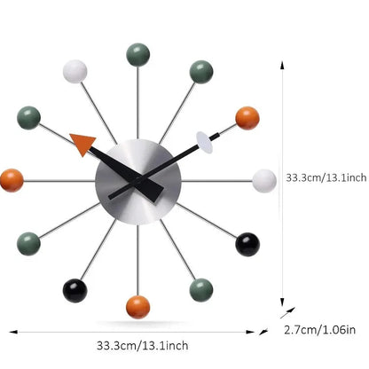 Novara Mid-Century Modern Silent Wall Clock - Colorful Orb Starburst Design, Non-Ticking 13-inch Metal Decor